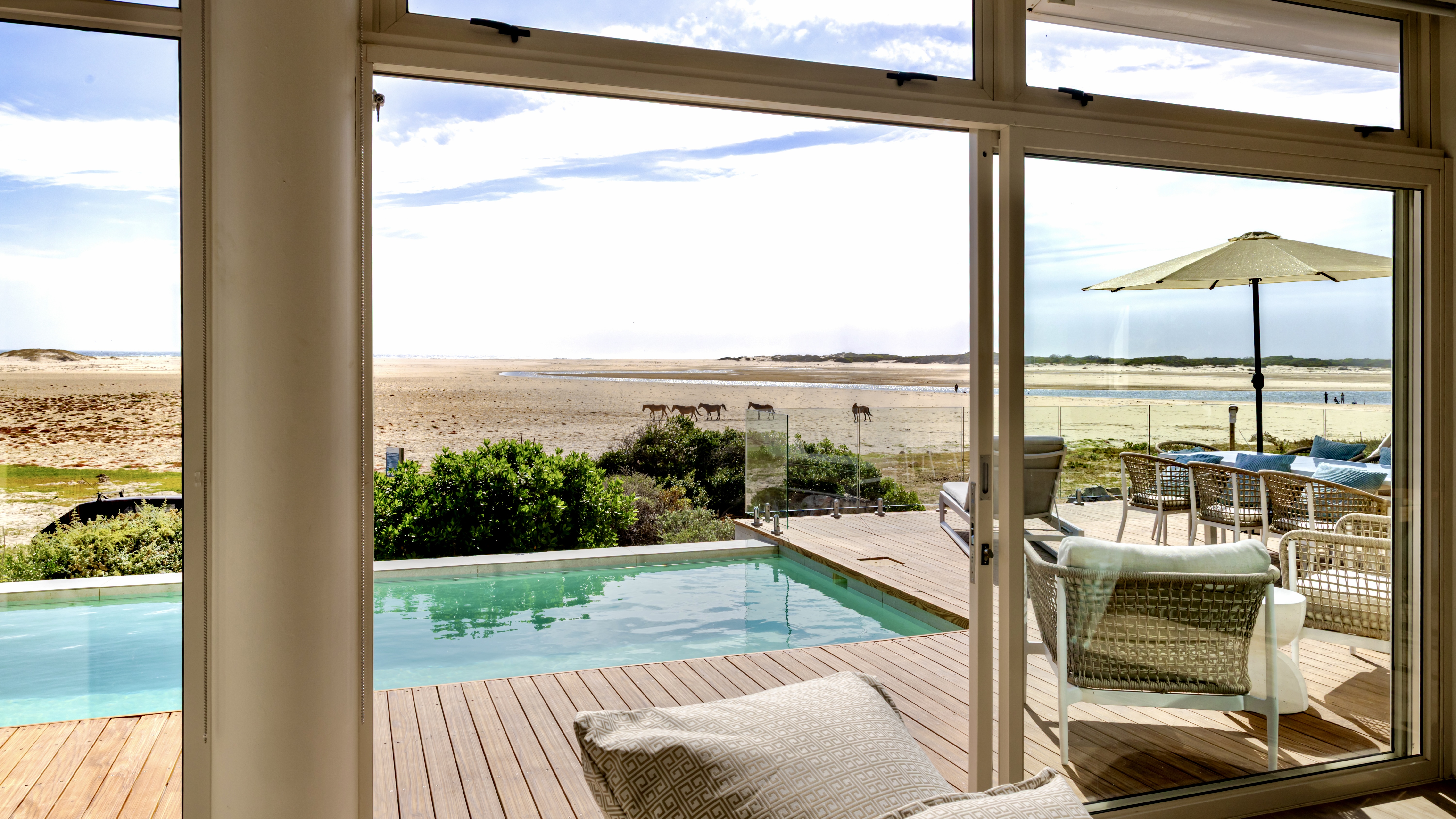 Private pool at MBIZI lagoon house with wild horses visible across the garden and lagoon — nature and luxury sharing the same horizon